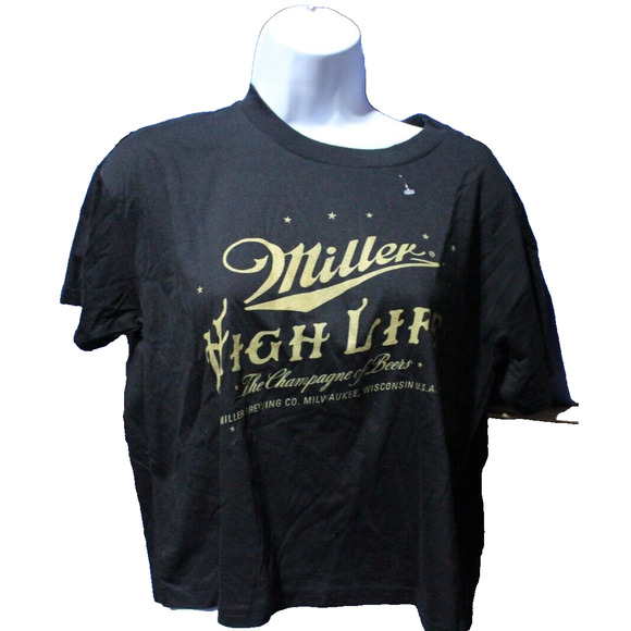 Miller High Life Black Gold Screen Printed Shirt Cropped Short Sleeve Med - Picture 1 of 2
